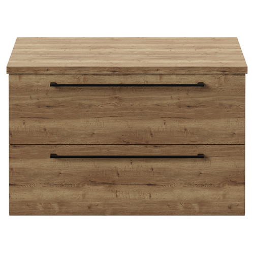 Napoli Tobacco Oak 800mm Wall Mounted Vanity Unit for Countertop Basins with 2 Drawers and Matt Black Handles View from Front