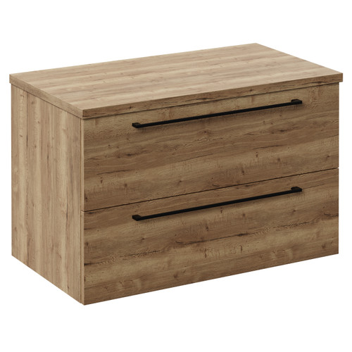 Napoli Tobacco Oak 800mm Wall Mounted Vanity Unit for Countertop Basins with 2 Drawers and Matt Black Handles Left Hand View