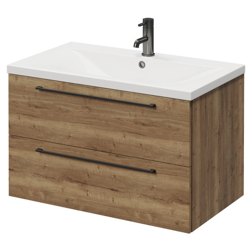 Napoli Tobacco Oak 800mm Wall Mounted Vanity Unit with 1 Tap Hole Glide Basin and 2 Drawers with Gunmetal Grey Handles Right Hand View