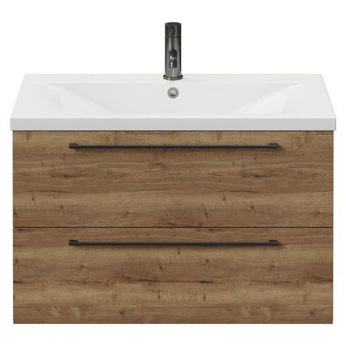 Napoli Tobacco Oak 800mm Wall Mounted Vanity Unit with 1 Tap Hole Glide Basin and 2 Drawers with Gunmetal Grey Handles View from Front