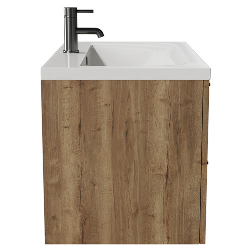 Napoli Tobacco Oak 800mm Wall Mounted Vanity Unit with 1 Tap Hole Glide Basin and 2 Drawers with Gunmetal Grey Handles View from Side