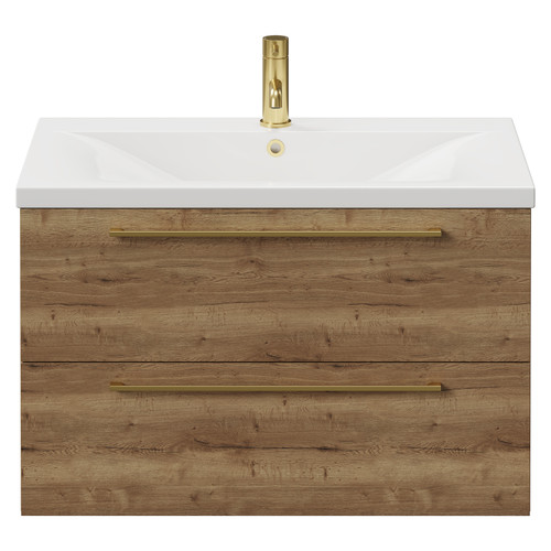 Napoli Tobacco Oak 800mm Wall Mounted Vanity Unit with 1 Tap Hole Glide Basin and 2 Drawers with Brushed Brass Handles View from Front