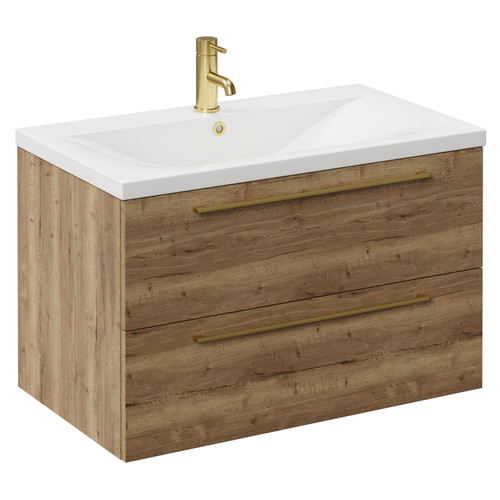 Napoli Tobacco Oak 800mm Wall Mounted Vanity Unit with 1 Tap Hole Glide Basin and 2 Drawers with Brushed Brass Handles Left Hand View