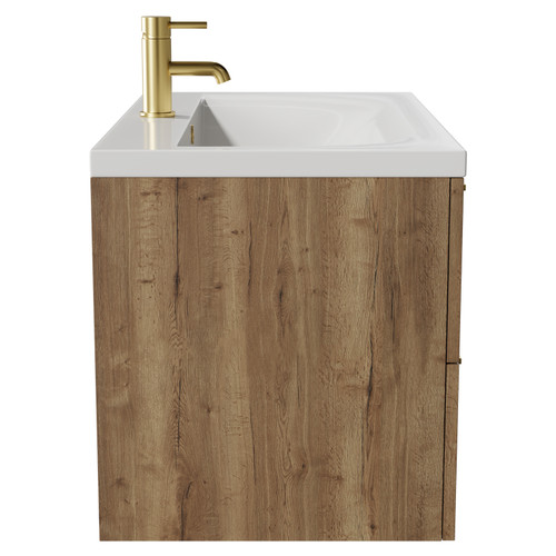 Napoli Tobacco Oak 800mm Wall Mounted Vanity Unit with 1 Tap Hole Glide Basin and 2 Drawers with Brushed Brass Handles View from Side