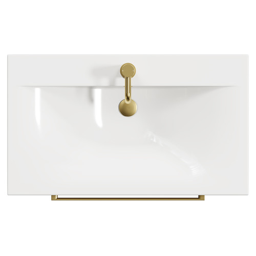 Napoli Tobacco Oak 800mm Wall Mounted Vanity Unit with 1 Tap Hole Glide Basin and 2 Drawers with Brushed Brass Handles View from Top