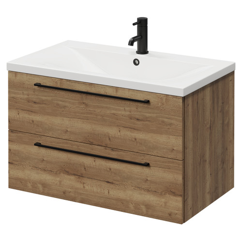 Napoli Tobacco Oak 800mm Wall Mounted Vanity Unit with 1 Tap Hole Glide Basin and 2 Drawers with Matt Black Handles Right Hand View