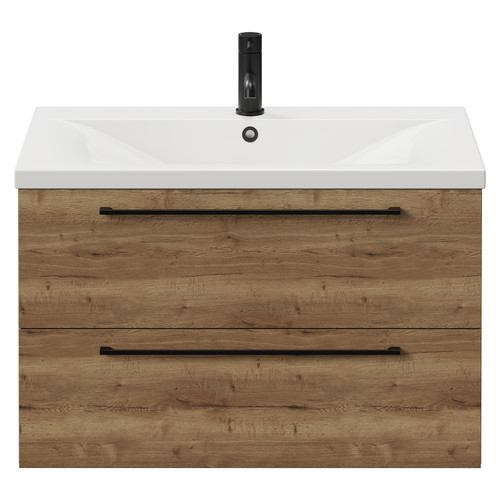Napoli Tobacco Oak 800mm Wall Mounted Vanity Unit with 1 Tap Hole Glide Basin and 2 Drawers with Matt Black Handles View from Front Napoli Tobacco Oak 800mm Wall Mounted Vanity Unit with 1 Tap Hole Glide Basin and 2 Drawers with Matt Black Handles View from Front