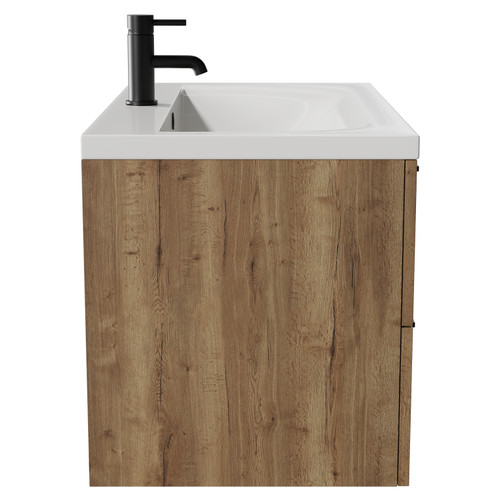 Napoli Tobacco Oak 800mm Wall Mounted Vanity Unit with 1 Tap Hole Glide Basin and 2 Drawers with Matt Black Handles View from Side Napoli Tobacco Oak 800mm Wall Mounted Vanity Unit with 1 Tap Hole Glide Basin and 2 Drawers with Matt Black Handles View from Side