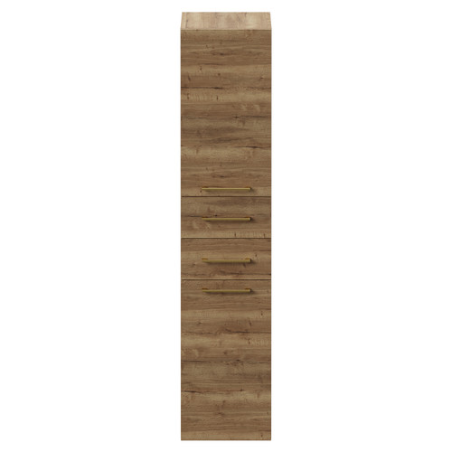 Napoli Tobacco Oak 350mm x 1600mm Wall Mounted Tall Storage Unit with 2 Doors 2 Drawers and Brushed Brass Handles View from Front