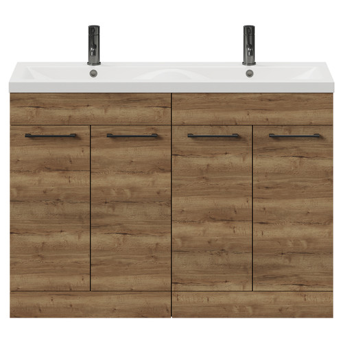 Napoli Tobacco Oak 1200mm Floor Standing Vanity Unit with Ceramic Double Basin and 4 Doors with Gunmetal Grey Handles View from Front