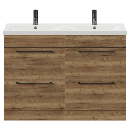 Napoli Tobacco Oak 1200mm Floor Standing Vanity Unit with Ceramic Double Basin and 4 Drawers with Gunmetal Grey Handles View from Front