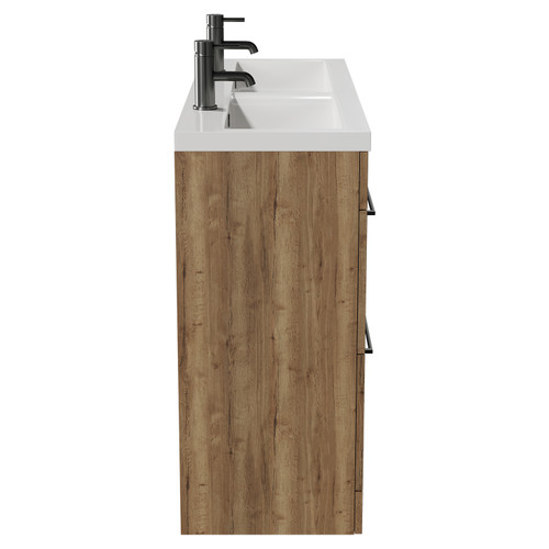Napoli Tobacco Oak 1200mm Floor Standing Vanity Unit with Ceramic Double Basin and 4 Drawers with Gunmetal Grey Handles View from Side