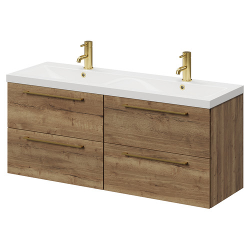 Napoli Tobacco Oak 1200mm Wall Mounted Vanity Unit with Ceramic Double Basin and 4 Drawers with Brushed Brass Handles Right Hand View