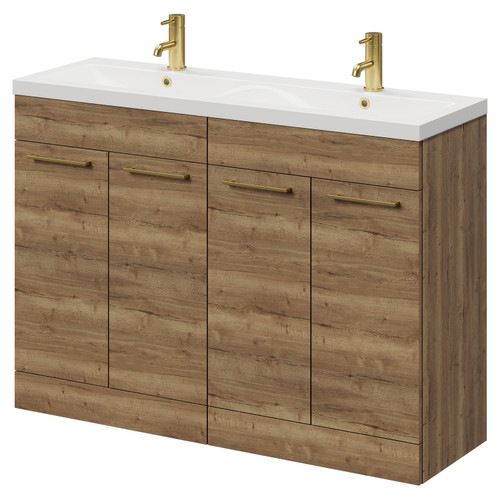 Napoli Tobacco Oak 1200mm Floor Standing Vanity Unit with Ceramic Double Basin and 4 Doors with Brushed Brass Handles Right Hand View