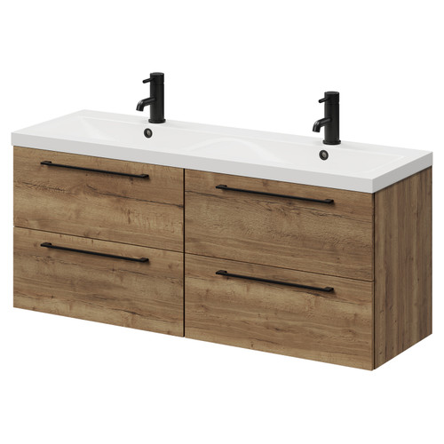 Napoli Tobacco Oak 1200mm Wall Mounted Vanity Unit with Ceramic Double Basin and 4 Drawers with Matt Black Handles Right Hand View