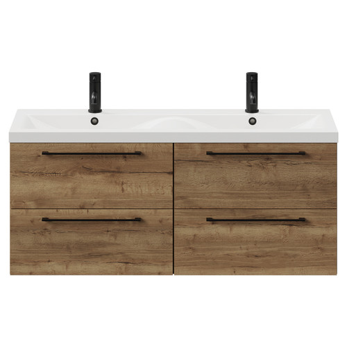 Napoli Tobacco Oak 1200mm Wall Mounted Vanity Unit with Ceramic Double Basin and 4 Drawers with Matt Black Handles View from Front