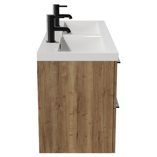 Napoli Tobacco Oak 1200mm Wall Mounted Vanity Unit with Ceramic Double Basin and 4 Drawers with Matt Black Handles View from Side