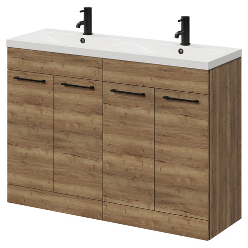 Napoli Tobacco Oak 1200mm Floor Standing Vanity Unit with Ceramic Double Basin and 4 Doors with Matt Black Handles Right Hand View