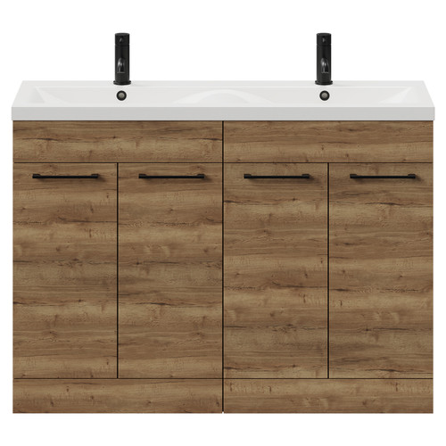 Napoli Tobacco Oak 1200mm Floor Standing Vanity Unit with Ceramic Double Basin and 4 Doors with Matt Black Handles View from Front