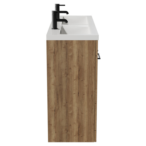 Napoli Tobacco Oak 1200mm Floor Standing Vanity Unit with Ceramic Double Basin and 4 Doors with Matt Black Handles View from Side