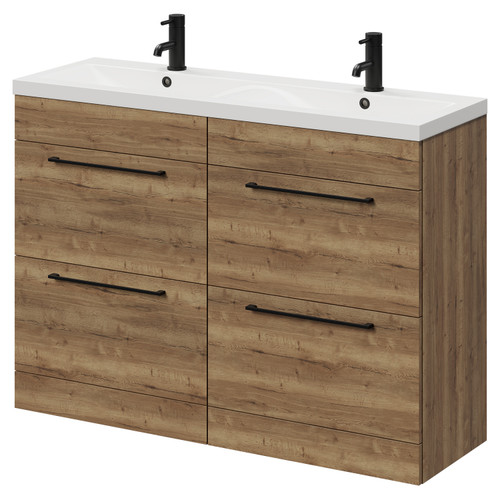 Napoli Tobacco Oak 1200mm Floor Standing Vanity Unit with Ceramic Double Basin and 4 Drawers with Matt Black Handles Right Hand View