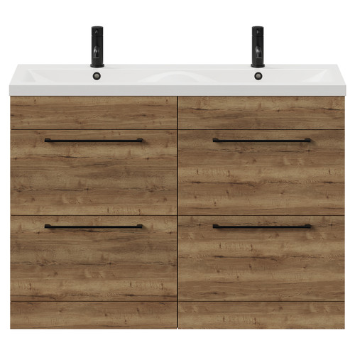 Napoli Tobacco Oak 1200mm Floor Standing Vanity Unit with Ceramic Double Basin and 4 Drawers with Matt Black Handles View from Front