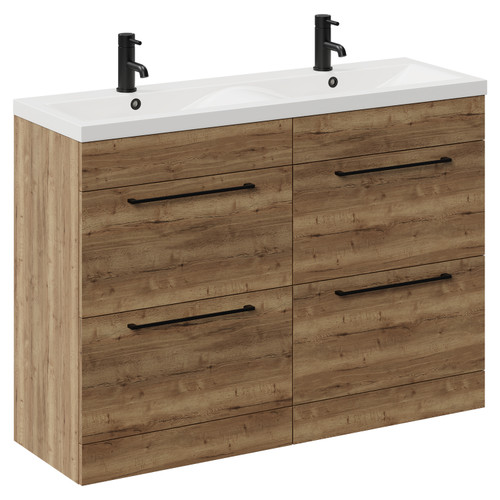Napoli Tobacco Oak 1200mm Floor Standing Vanity Unit with Ceramic Double Basin and 4 Drawers with Matt Black Handles Left Hand View