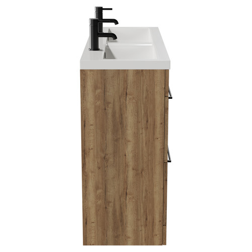 Napoli Tobacco Oak 1200mm Floor Standing Vanity Unit with Ceramic Double Basin and 4 Drawers with Matt Black Handles View from Side