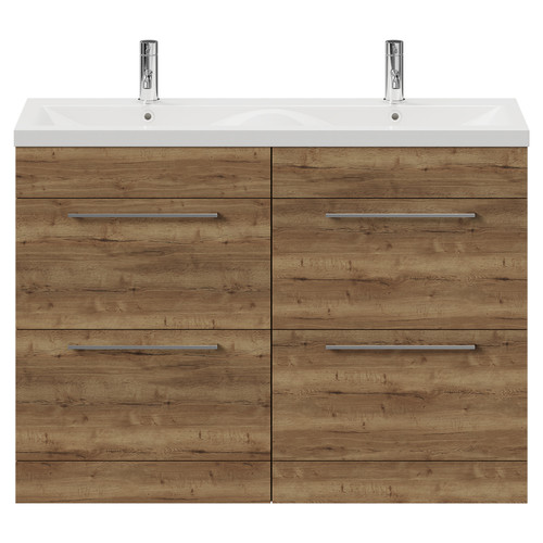 Napoli Tobacco Oak 1200mm Floor Standing Vanity Unit with Ceramic Double Basin and 4 Drawers with Chrome Handles View from Front