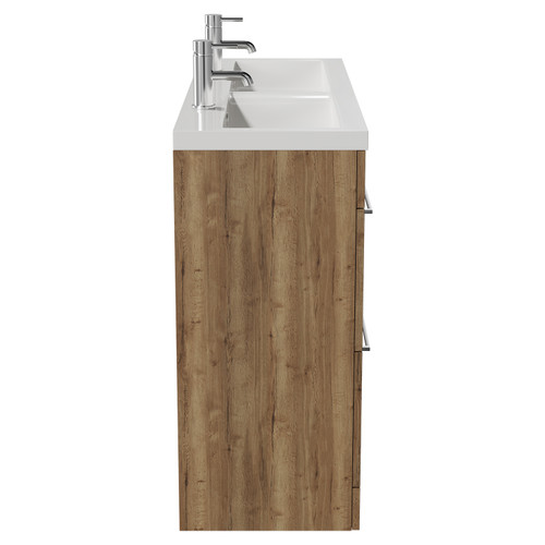Napoli Tobacco Oak 1200mm Floor Standing Vanity Unit with Ceramic Double Basin and 4 Drawers with Chrome Handles View from Side