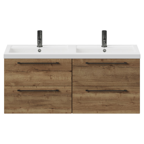 Napoli Tobacco Oak 1200mm Wall Mounted Vanity Unit with Polymarble Double Basin and 4 Drawers with Gunmetal Grey Handles View from Front