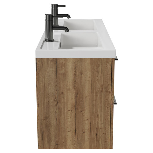 Napoli Tobacco Oak 1200mm Wall Mounted Vanity Unit with Polymarble Double Basin and 4 Drawers with Gunmetal Grey Handles View from Side