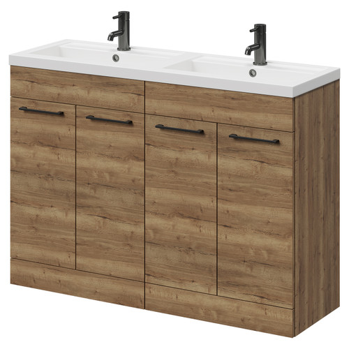 Napoli Tobacco Oak 1200mm Floor Standing Vanity Unit with Polymarble Double Basin and 4 Doors with Gunmetal Grey Handles Right Hand View