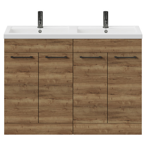 Napoli Tobacco Oak 1200mm Floor Standing Vanity Unit with Polymarble Double Basin and 4 Doors with Gunmetal Grey Handles View from Front