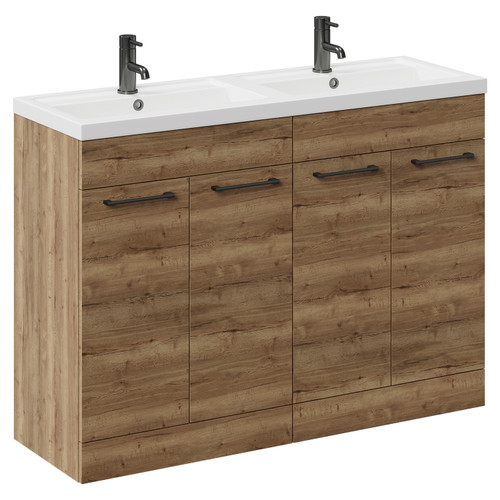 Napoli Tobacco Oak 1200mm Floor Standing Vanity Unit with Polymarble Double Basin and 4 Doors with Gunmetal Grey Handles Left Hand View
