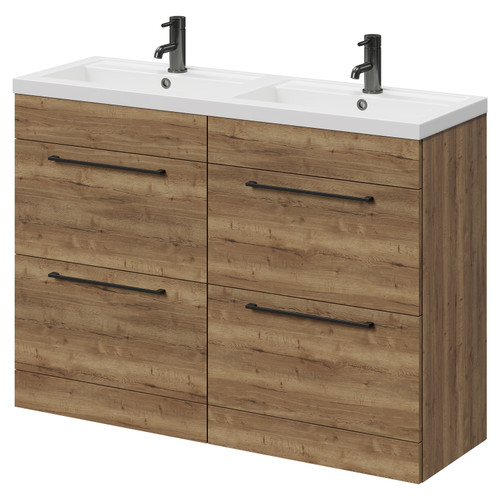 Napoli Tobacco Oak 1200mm Floor Standing Vanity Unit with Polymarble Double Basin and 4 Drawers with Gunmetal Grey Handles Right Hand View