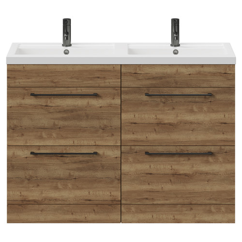 Napoli Tobacco Oak 1200mm Floor Standing Vanity Unit with Polymarble Double Basin and 4 Drawers with Gunmetal Grey Handles View from Front