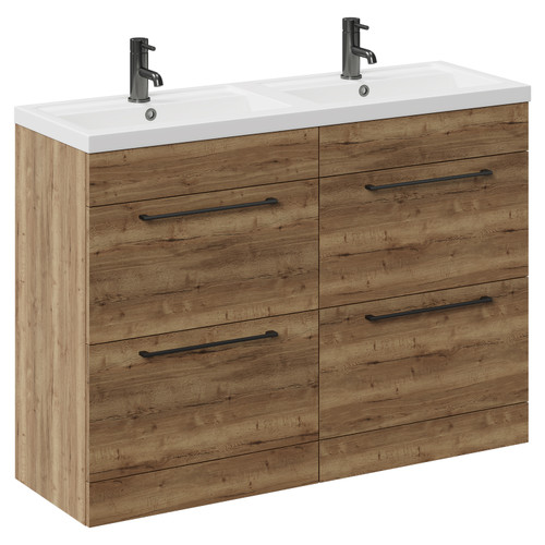 Napoli Tobacco Oak 1200mm Floor Standing Vanity Unit with Polymarble Double Basin and 4 Drawers with Gunmetal Grey Handles Left Hand View