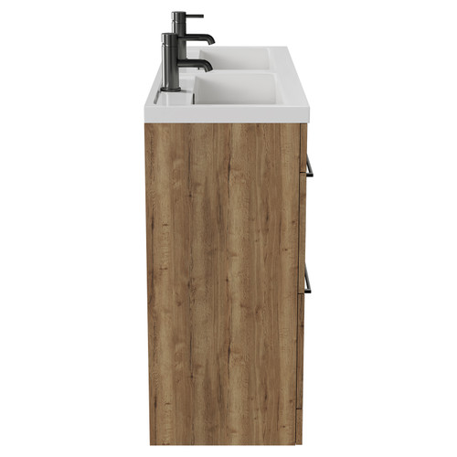Napoli Tobacco Oak 1200mm Floor Standing Vanity Unit with Polymarble Double Basin and 4 Drawers with Gunmetal Grey Handles View from Side