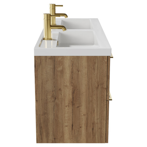Napoli Tobacco Oak 1200mm Wall Mounted Vanity Unit with Polymarble Double Basin and 4 Drawers with Brushed Brass Handles View from Side