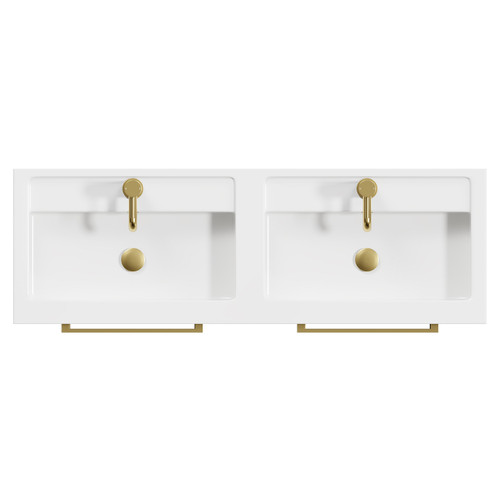 Napoli Tobacco Oak 1200mm Wall Mounted Vanity Unit with Polymarble Double Basin and 4 Drawers with Brushed Brass Handles View from Top