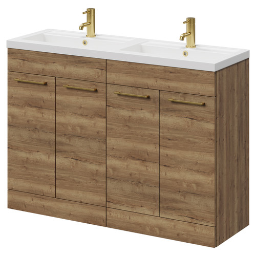 Napoli Tobacco Oak 1200mm Floor Standing Vanity Unit with Polymarble Double Basin and 4 Doors with Brushed Brass Handles Right Hand View