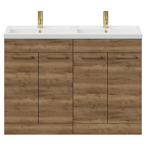 Napoli Tobacco Oak 1200mm Floor Standing Vanity Unit with Polymarble Double Basin and 4 Doors with Brushed Brass Handles View from Front