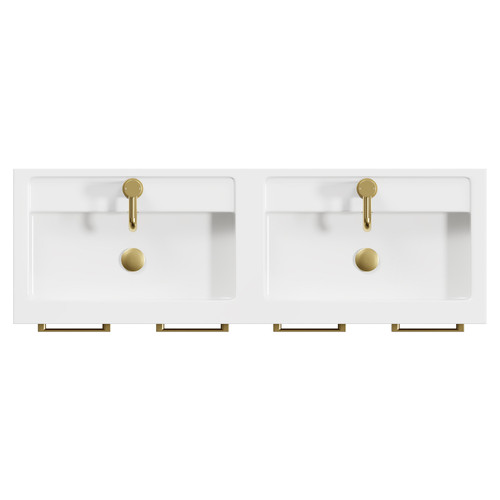 Napoli Tobacco Oak 1200mm Floor Standing Vanity Unit with Polymarble Double Basin and 4 Doors with Brushed Brass Handles View from Top