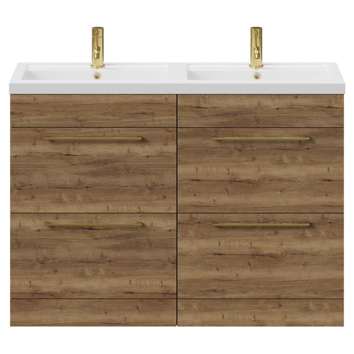 Napoli Tobacco Oak 1200mm Floor Standing Vanity Unit with Polymarble Double Basin and 4 Drawers with Brushed Brass Handles View from Front