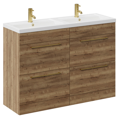 Napoli Tobacco Oak 1200mm Floor Standing Vanity Unit with Polymarble Double Basin and 4 Drawers with Brushed Brass Handles Left Hand View