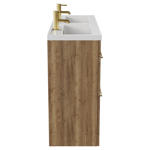Napoli Tobacco Oak 1200mm Floor Standing Vanity Unit with Polymarble Double Basin and 4 Drawers with Brushed Brass Handles