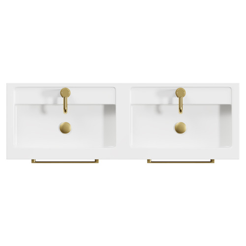Napoli Tobacco Oak 1200mm Floor Standing Vanity Unit with Polymarble Double Basin and 4 Drawers with Brushed Brass Handles View from Top