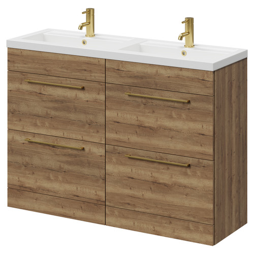 Napoli Tobacco Oak 1200mm Floor Standing Vanity Unit with Polymarble Double Basin and 4 Drawers with Brushed Brass Handles Right Hand View Napoli Tobacco Oak 1200mm Floor Standing Vanity Unit with Polymarble Double Basin and 4 Drawers with Brushed Brass Handles Right Hand View
