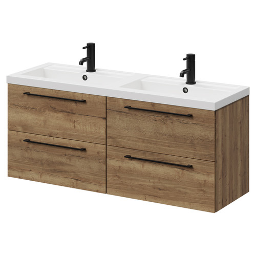 Napoli Tobacco Oak 1200mm Wall Mounted Vanity Unit with Polymarble Double Basin and 4 Drawers with Matt Black Handles Right Hand View